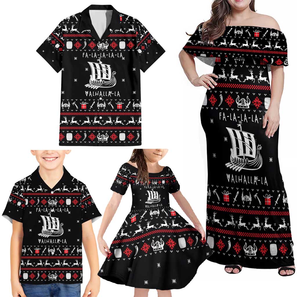 Viking Christmas Family Matching Off Shoulder Maxi Dress and Hawaiian Shirt with Fa La La La La Valhalla Quote and Longship Nordic Pattern - Wonder Print Shop