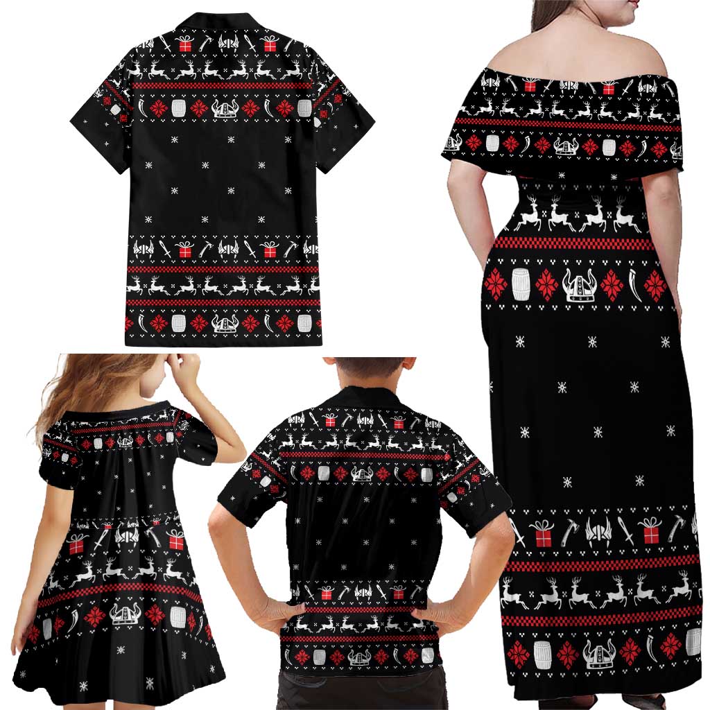 Viking Christmas Family Matching Off Shoulder Maxi Dress and Hawaiian Shirt with Fa La La La La Valhalla Quote and Longship Nordic Pattern - Wonder Print Shop