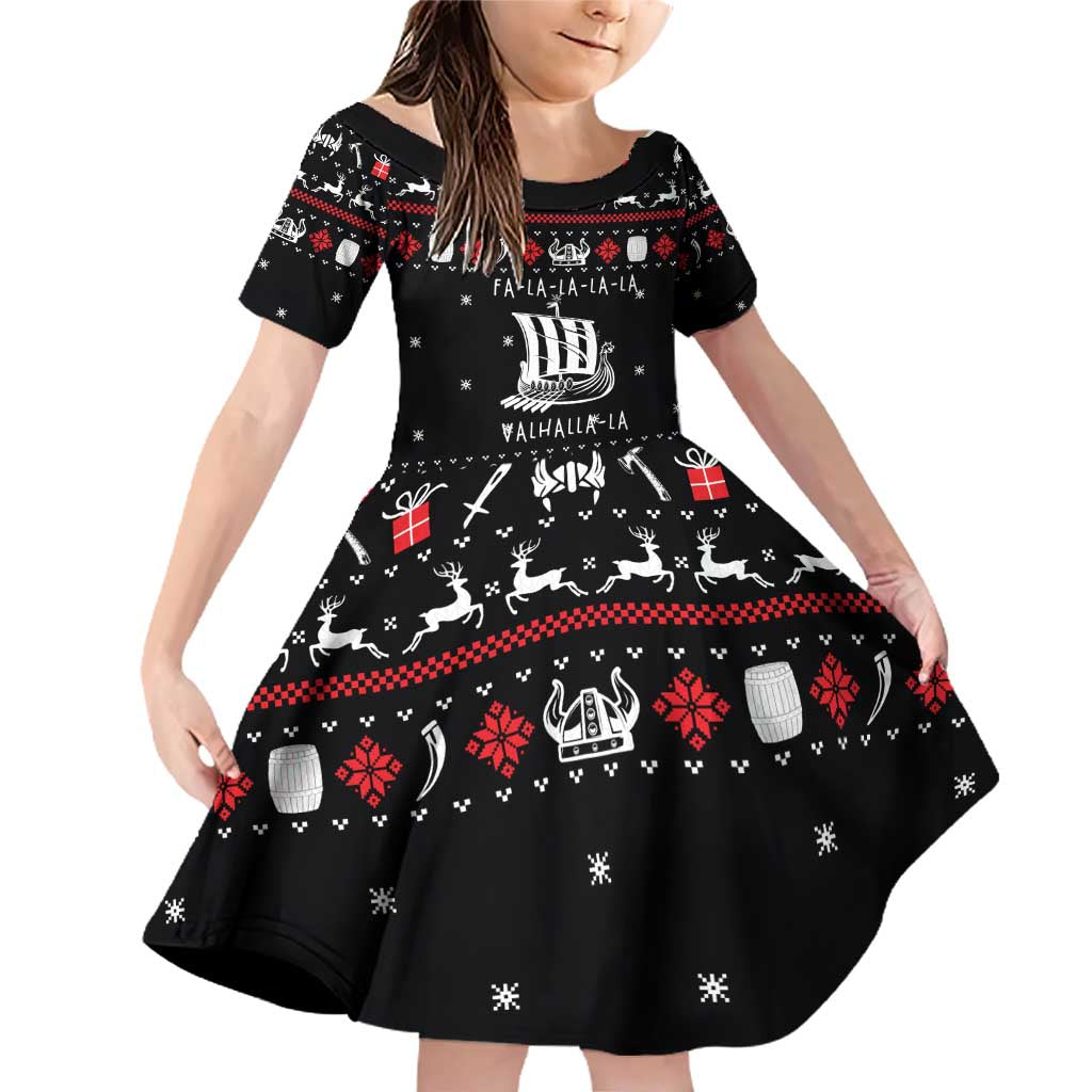 Viking Christmas Family Matching Off Shoulder Short Dress and Hawaiian Shirt with Fa La La La La Valhalla Quote and Longship Nordic Pattern - Wonder Print Shop