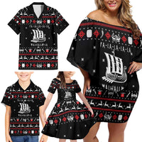 Viking Christmas Family Matching Off Shoulder Short Dress and Hawaiian Shirt with Fa La La La La Valhalla Quote and Longship Nordic Pattern - Wonder Print Shop