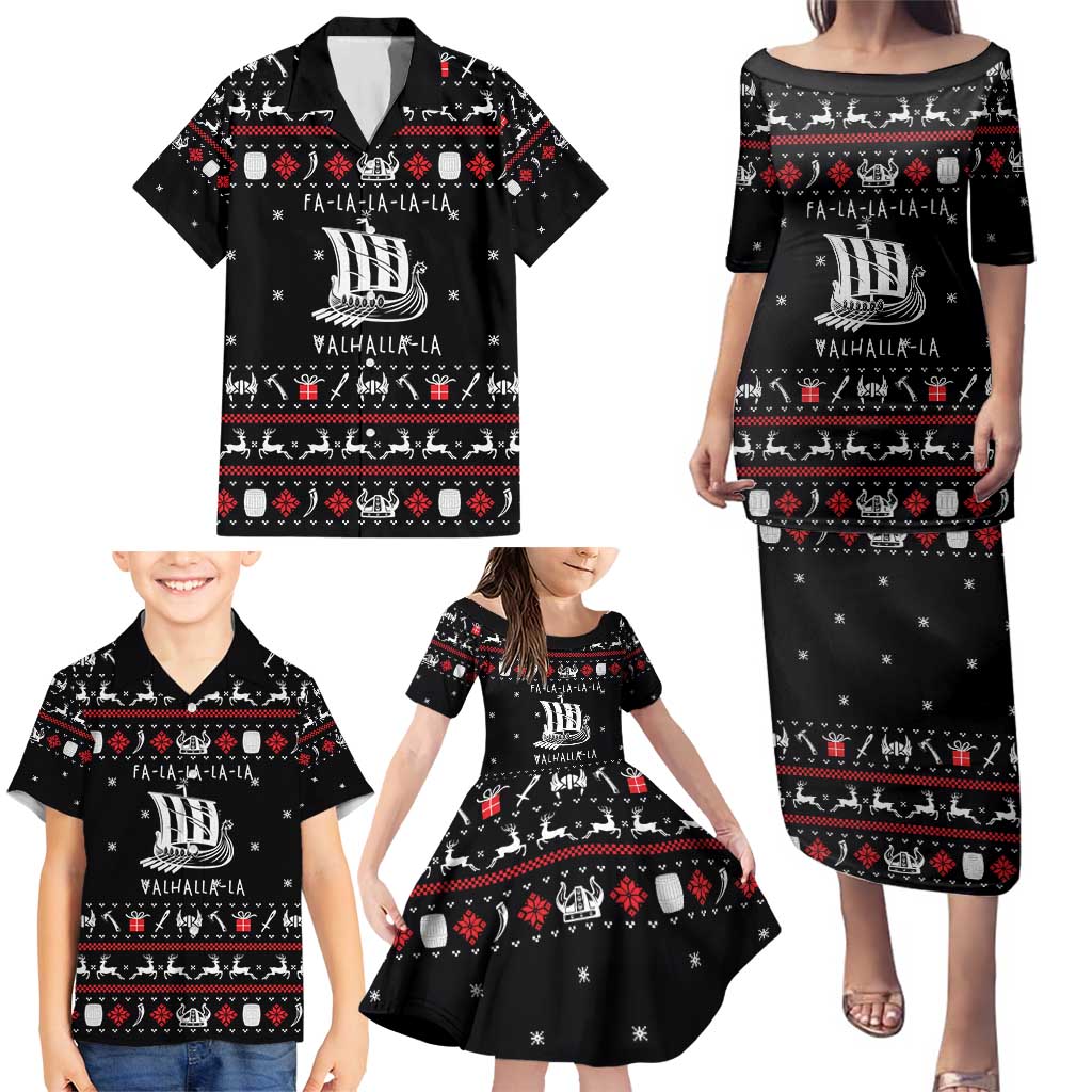 Viking Christmas Family Matching Puletasi and Hawaiian Shirt with Fa La La La La Valhalla Quote and Longship Nordic Pattern - Wonder Print Shop