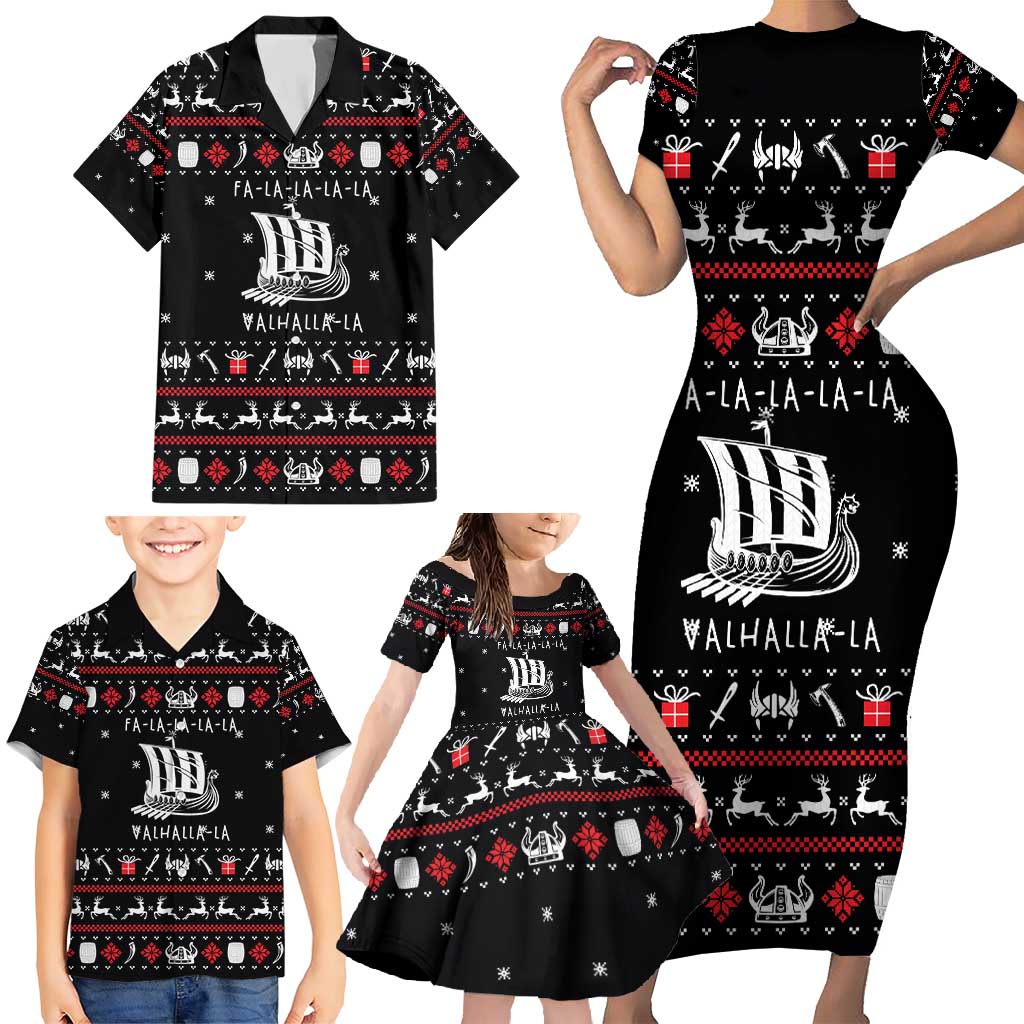 Viking Christmas Family Matching Short Sleeve Bodycon Dress and Hawaiian Shirt with Fa La La La La Valhalla Quote and Longship Nordic Pattern - Wonder Print Shop