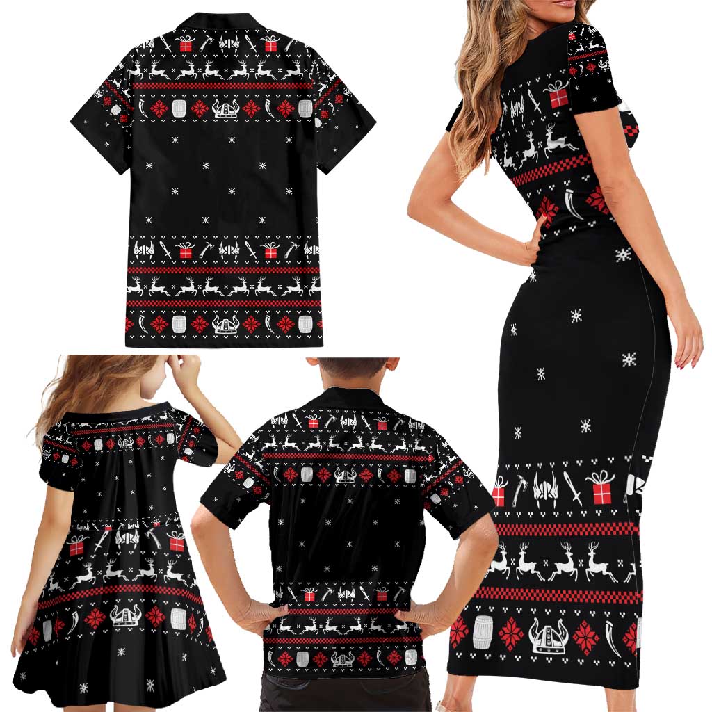 Viking Christmas Family Matching Short Sleeve Bodycon Dress and Hawaiian Shirt with Fa La La La La Valhalla Quote and Longship Nordic Pattern - Wonder Print Shop