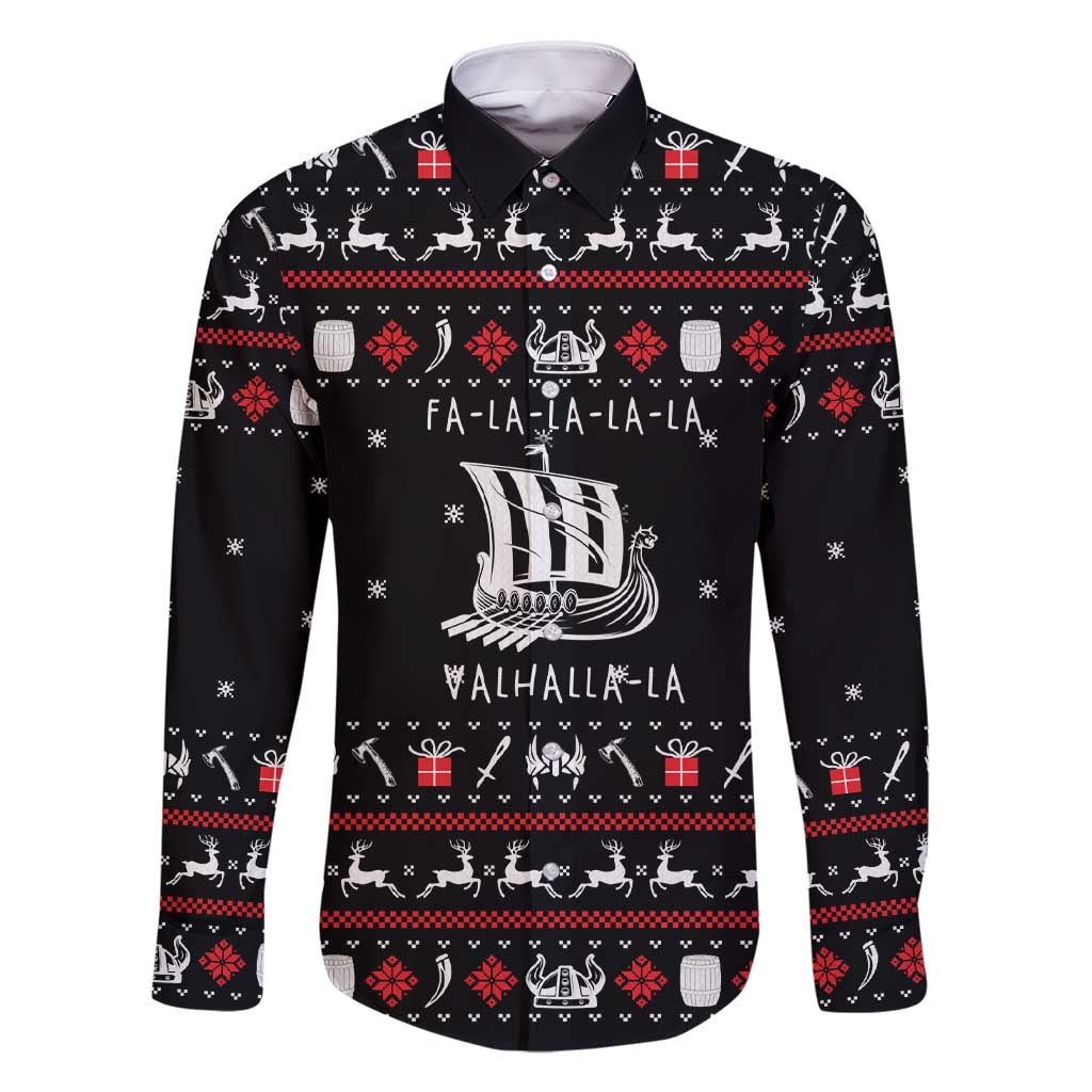 Viking Christmas Family Matching Short Sleeve Bodycon Dress and Hawaiian Shirt with Fa La La La La Valhalla Quote and Longship Nordic Pattern - Wonder Print Shop