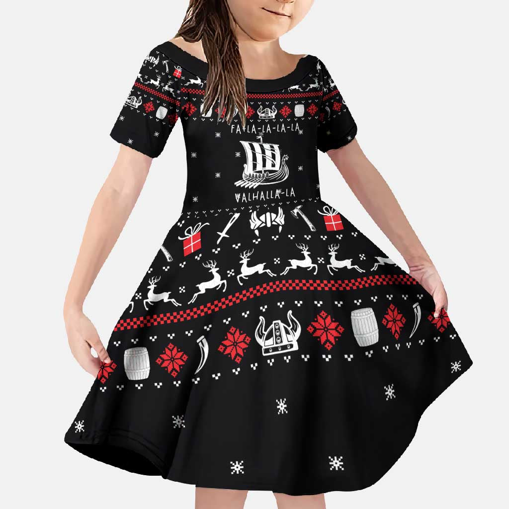 Viking Christmas Family Matching Summer Maxi Dress and Hawaiian Shirt with Fa La La La La Valhalla Quote and Longship Nordic Pattern - Wonder Print Shop
