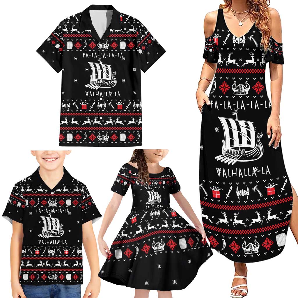 Viking Christmas Family Matching Summer Maxi Dress and Hawaiian Shirt with Fa La La La La Valhalla Quote and Longship Nordic Pattern - Wonder Print Shop