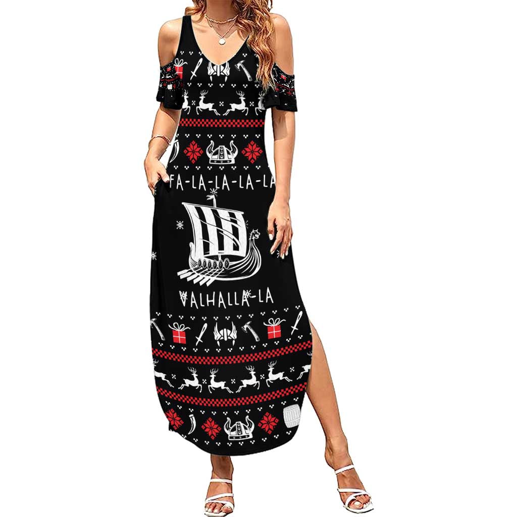 Viking Christmas Family Matching Summer Maxi Dress and Hawaiian Shirt with Fa La La La La Valhalla Quote and Longship Nordic Pattern - Wonder Print Shop