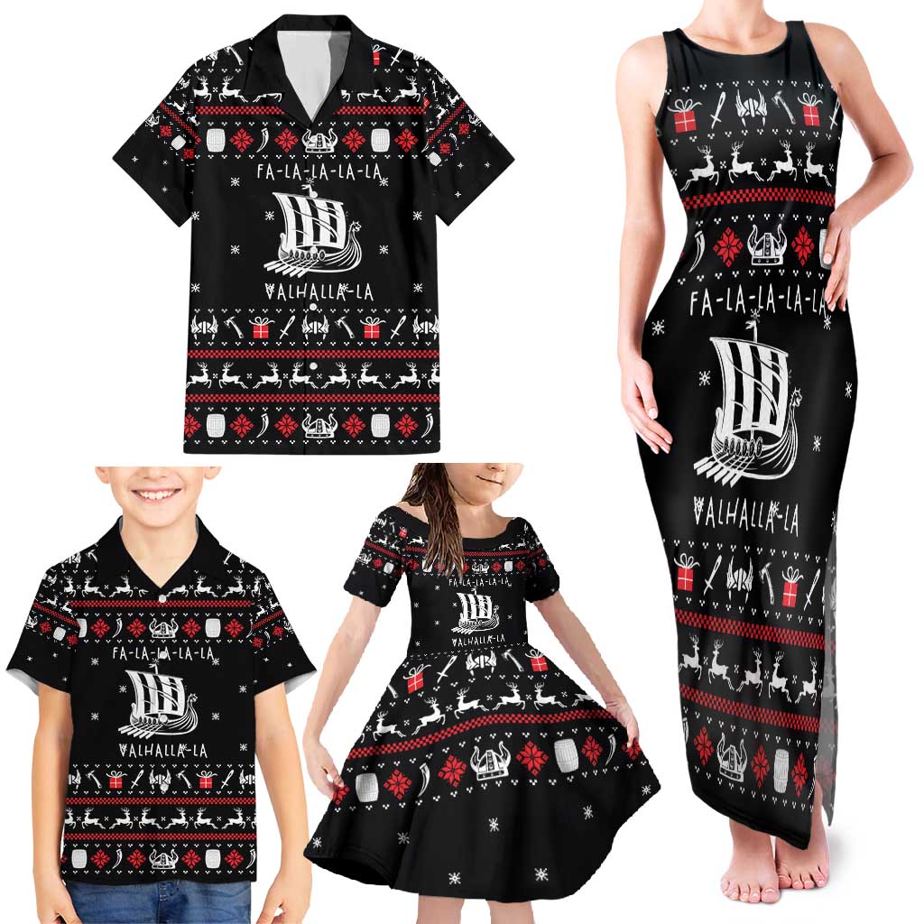Viking Christmas Family Matching Tank Maxi Dress and Hawaiian Shirt with Fa La La La La Valhalla Quote and Longship Nordic Pattern - Wonder Print Shop