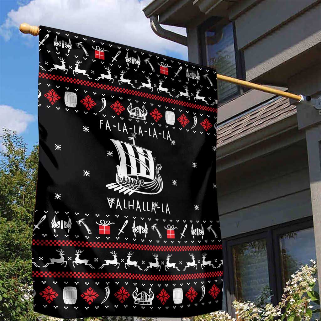 Viking Christmas Garden Flag with Fa La La La La Valhalla Quote and Longship Nordic Pattern - Wonder Print Shop