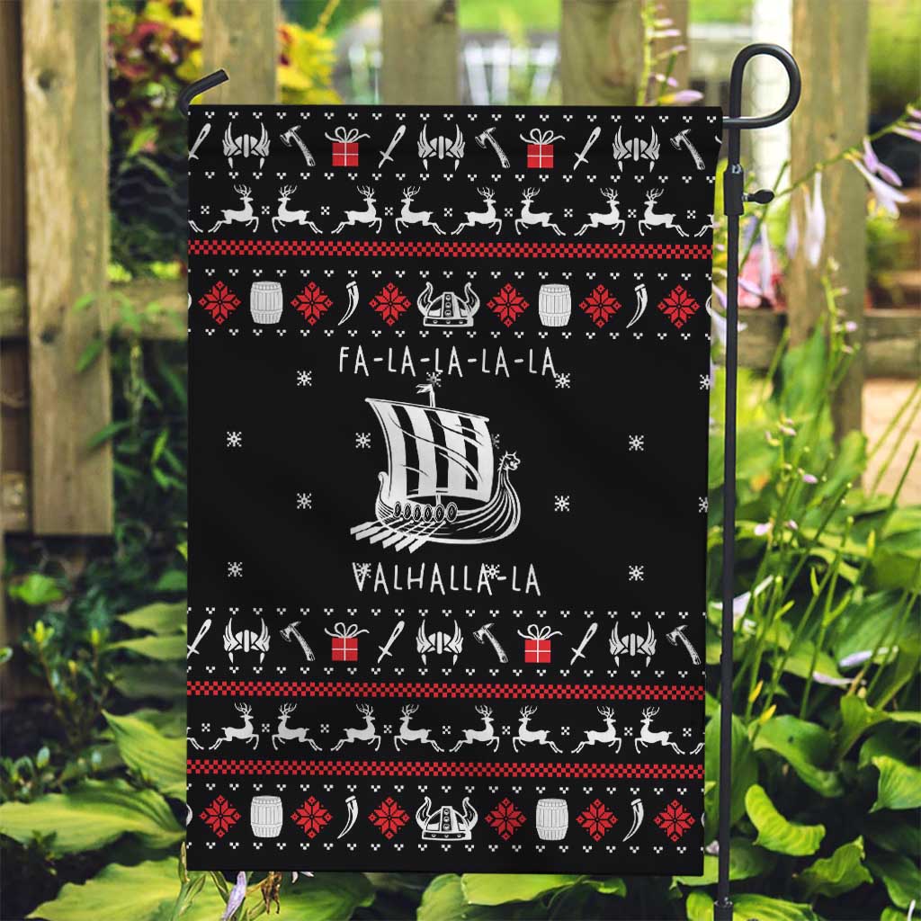 Viking Christmas Garden Flag with Fa La La La La Valhalla Quote and Longship Nordic Pattern - Wonder Print Shop