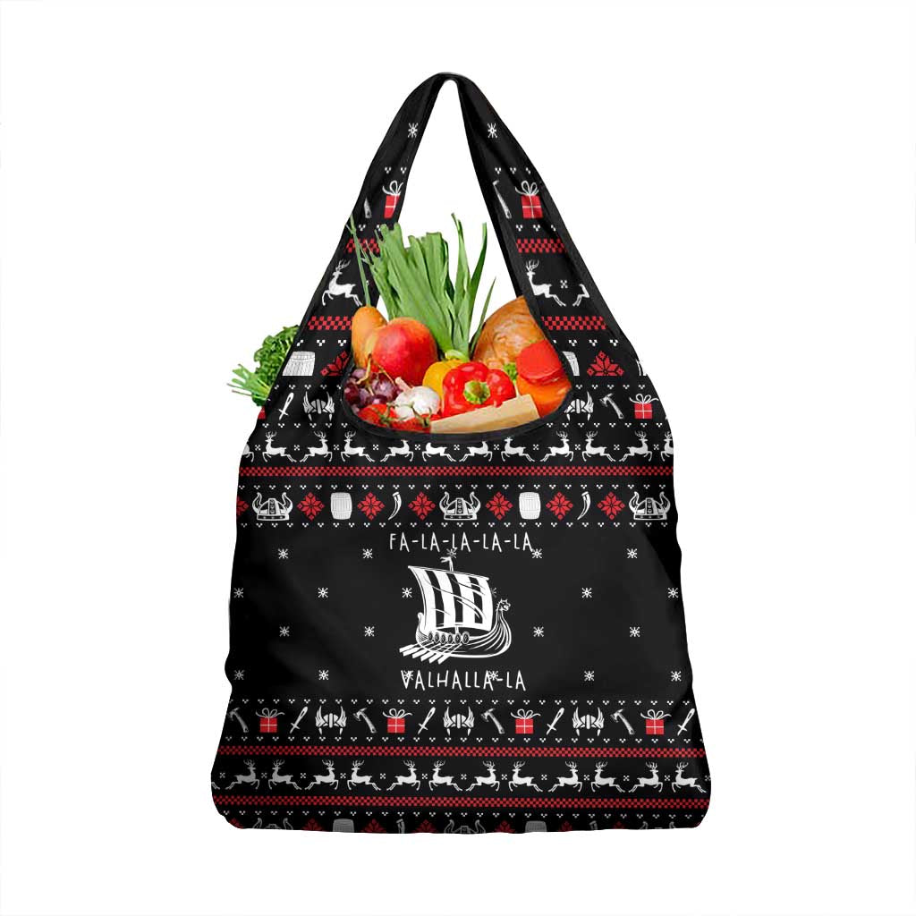 Viking Christmas Grocery Bag with Fa La La La La Valhalla Quote and Longship Nordic Pattern - Wonder Print Shop