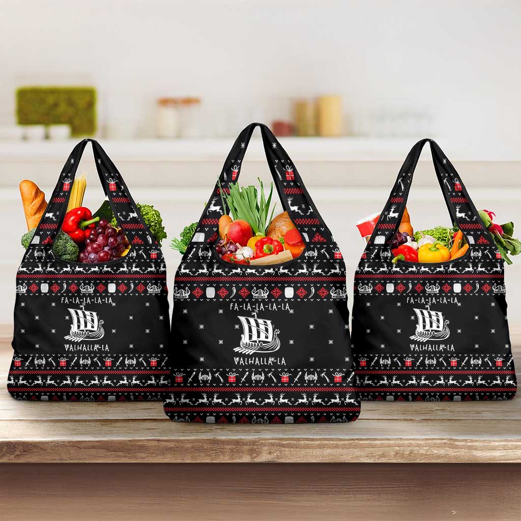 Viking Christmas Grocery Bag with Fa La La La La Valhalla Quote and Longship Nordic Pattern - Wonder Print Shop