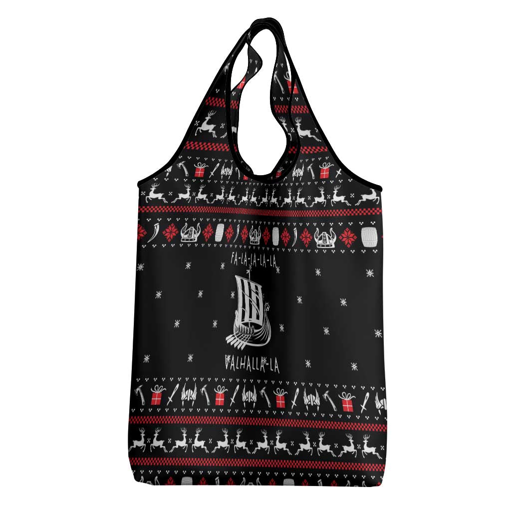 Viking Christmas Grocery Bag with Fa La La La La Valhalla Quote and Longship Nordic Pattern - Wonder Print Shop