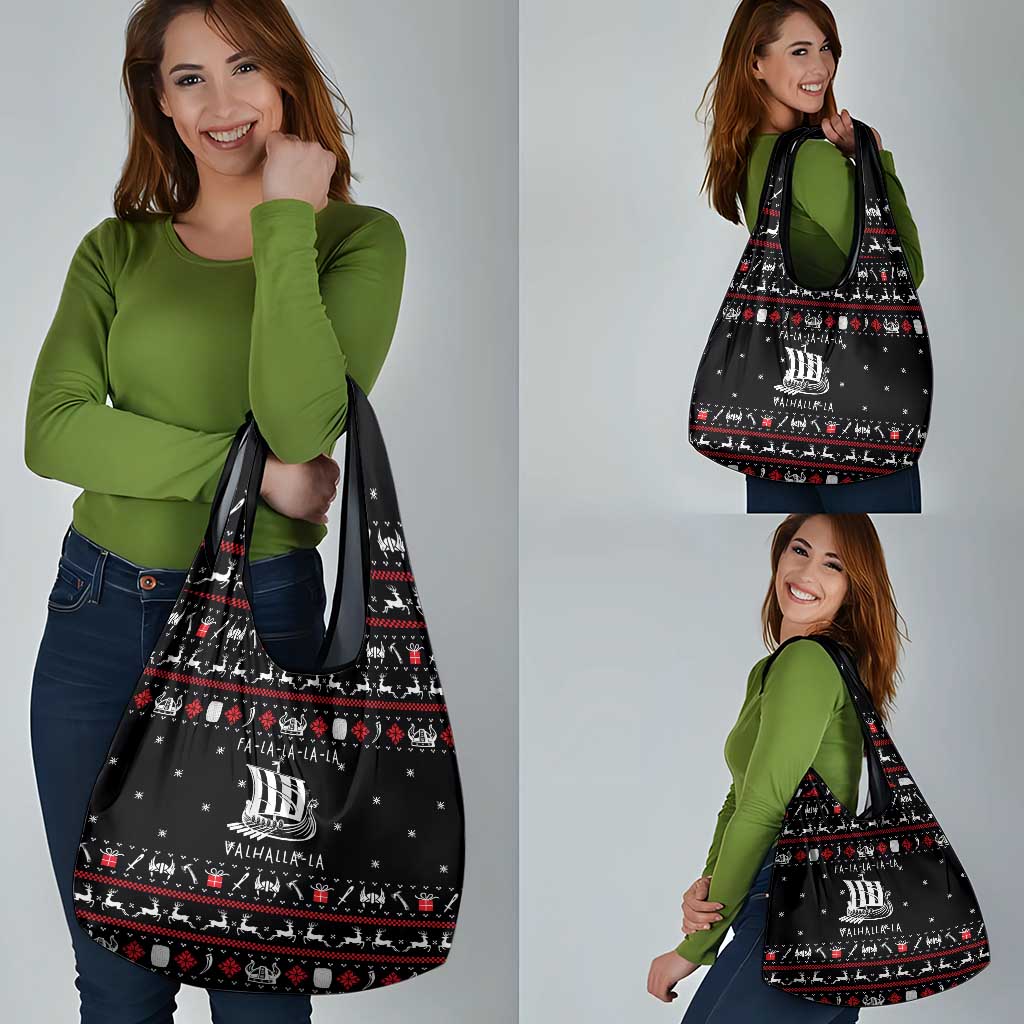 Viking Christmas Grocery Bag with Fa La La La La Valhalla Quote and Longship Nordic Pattern - Wonder Print Shop