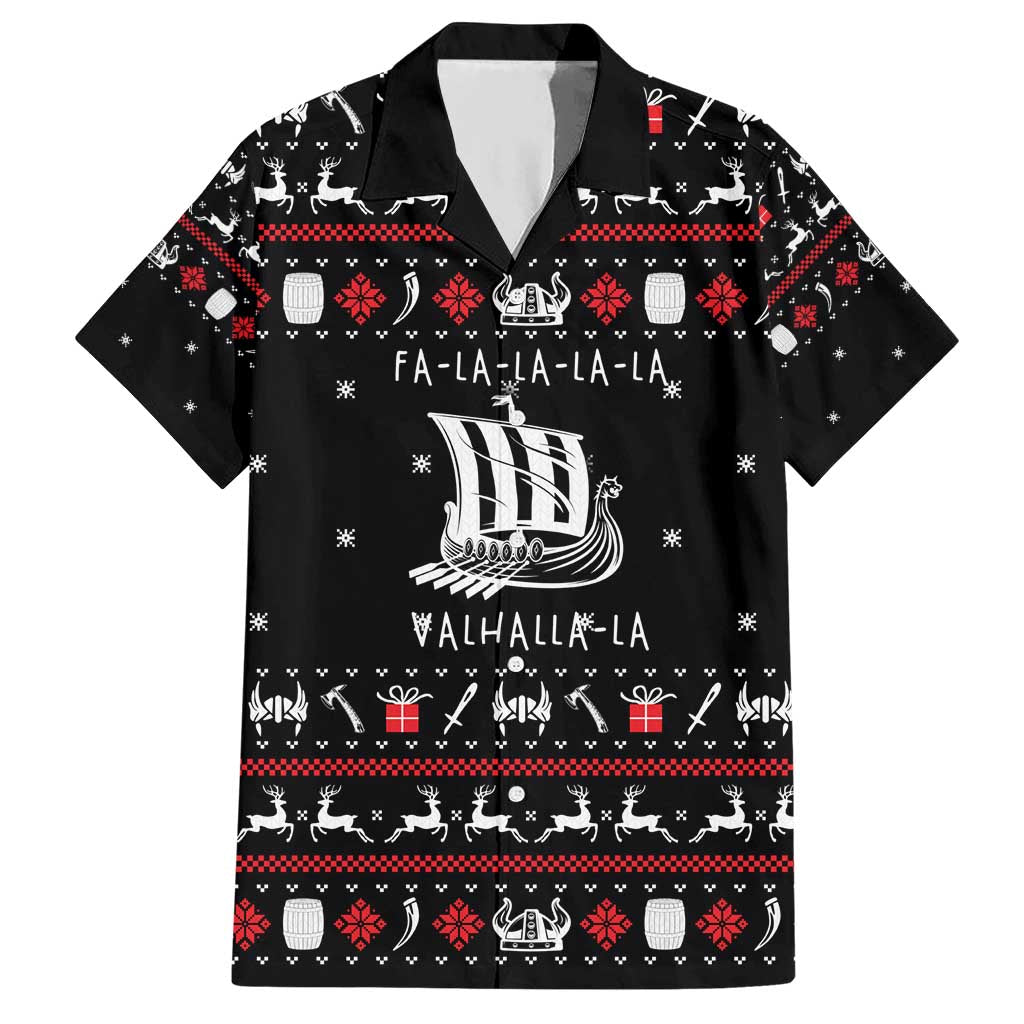 Viking Christmas Hawaiian Shirt with Fa La La La La Valhalla Quote and Longship Nordic Pattern - Wonder Print Shop