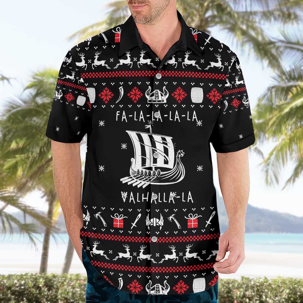 Viking Christmas Hawaiian Shirt with Fa La La La La Valhalla Quote and Longship Nordic Pattern - Wonder Print Shop