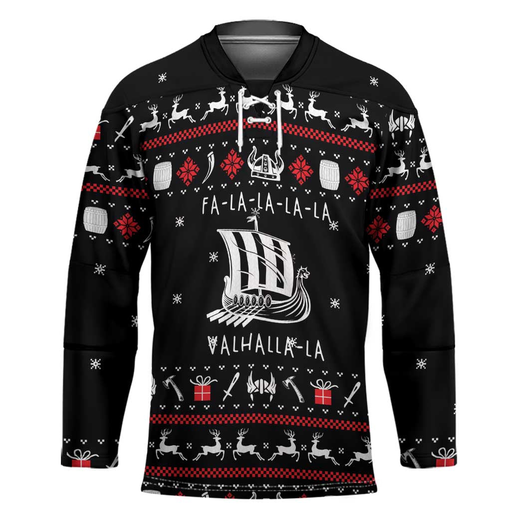 Viking Christmas Hockey Jersey with Fa La La La La Valhalla Quote and Longship Nordic Pattern - Wonder Print Shop