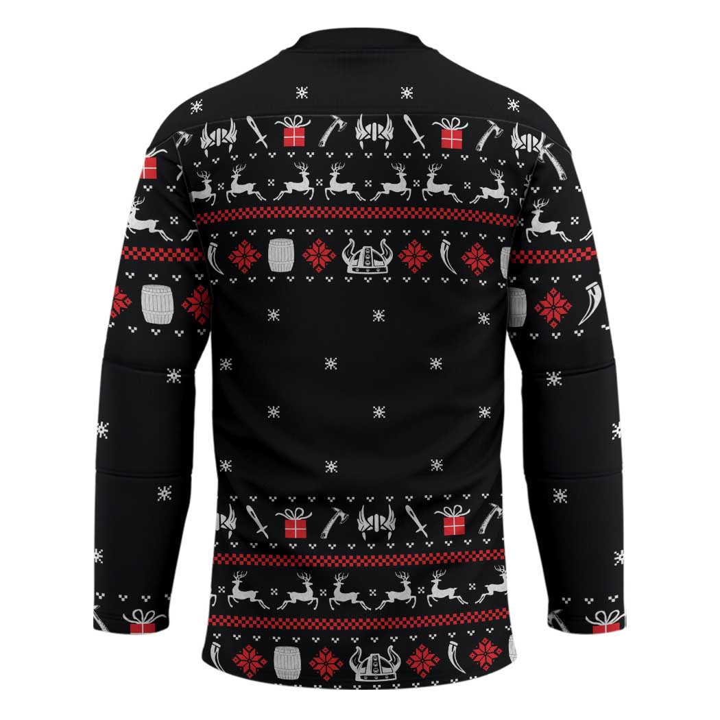 Viking Christmas Hockey Jersey with Fa La La La La Valhalla Quote and Longship Nordic Pattern - Wonder Print Shop