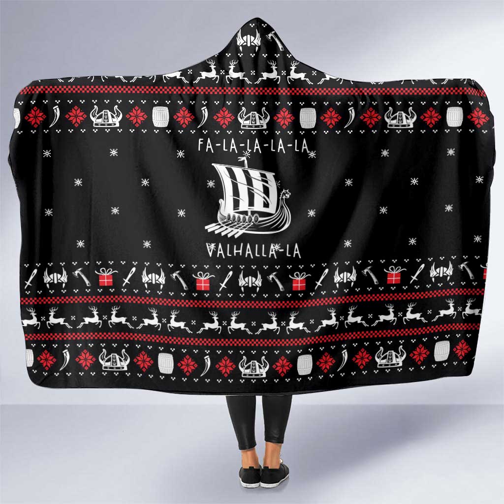 Viking Christmas Hooded Blanket with Fa La La La La Valhalla Quote and Longship Nordic Pattern - Wonder Print Shop