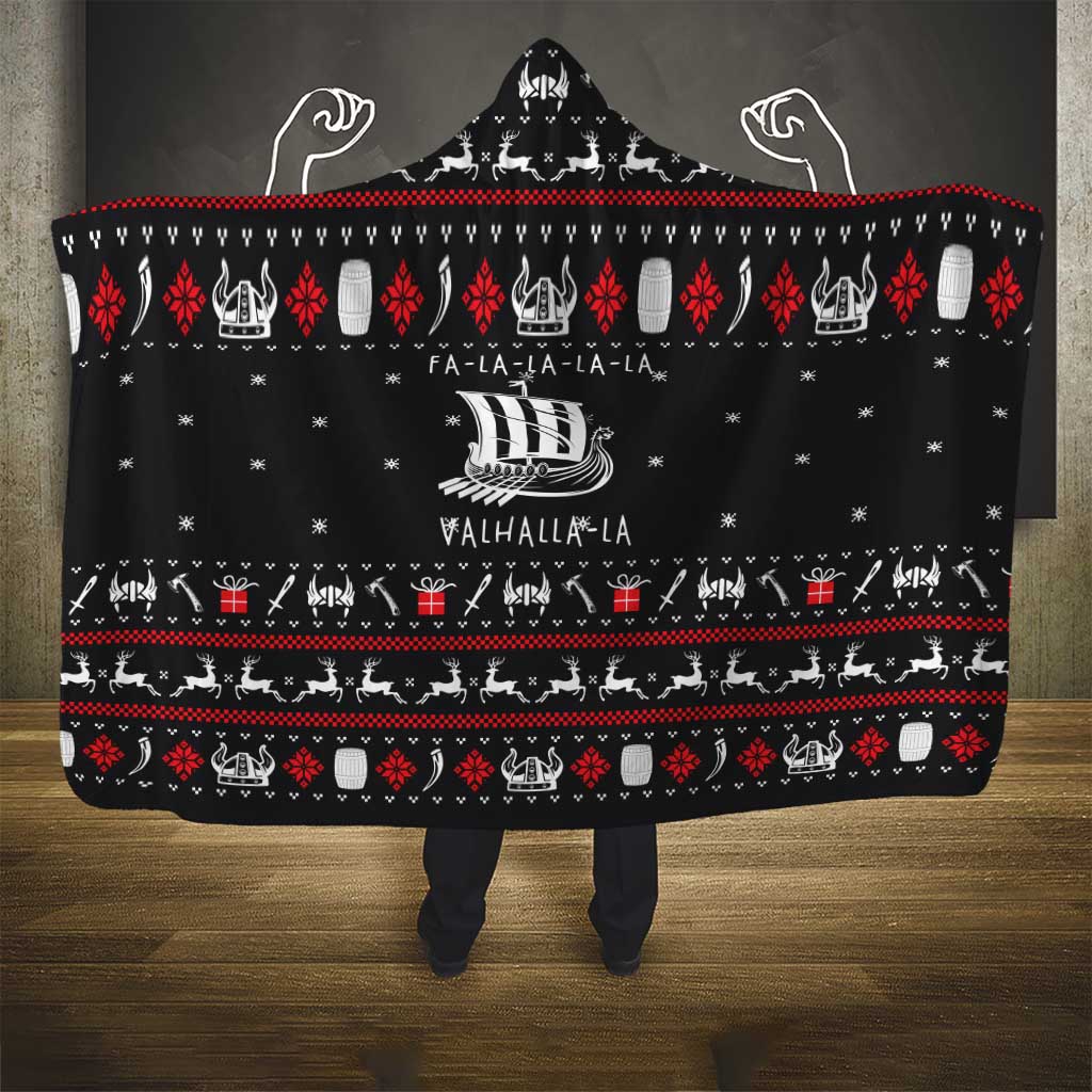 Viking Christmas Hooded Blanket with Fa La La La La Valhalla Quote and Longship Nordic Pattern - Wonder Print Shop