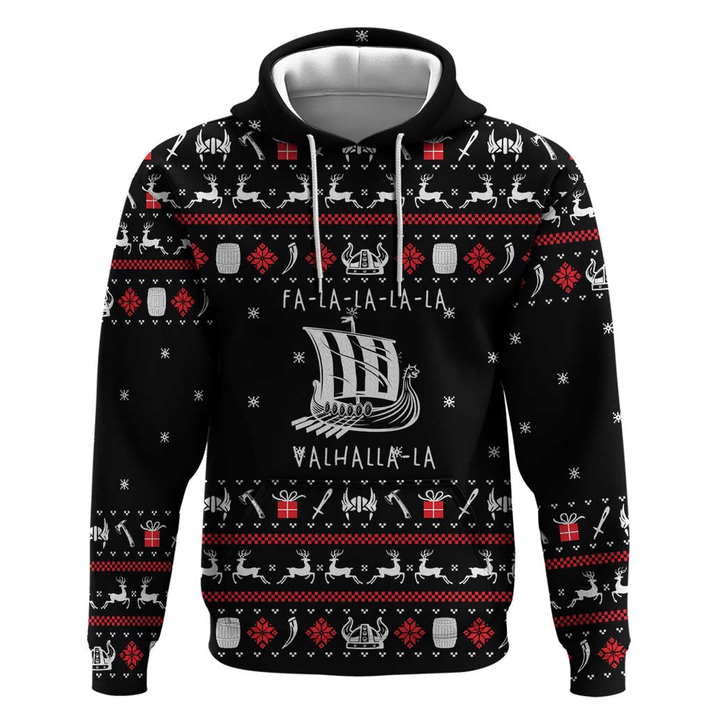 Viking Christmas Hoodie with Fa La La La La Valhalla Quote and Longship Nordic Pattern - Wonder Print Shop