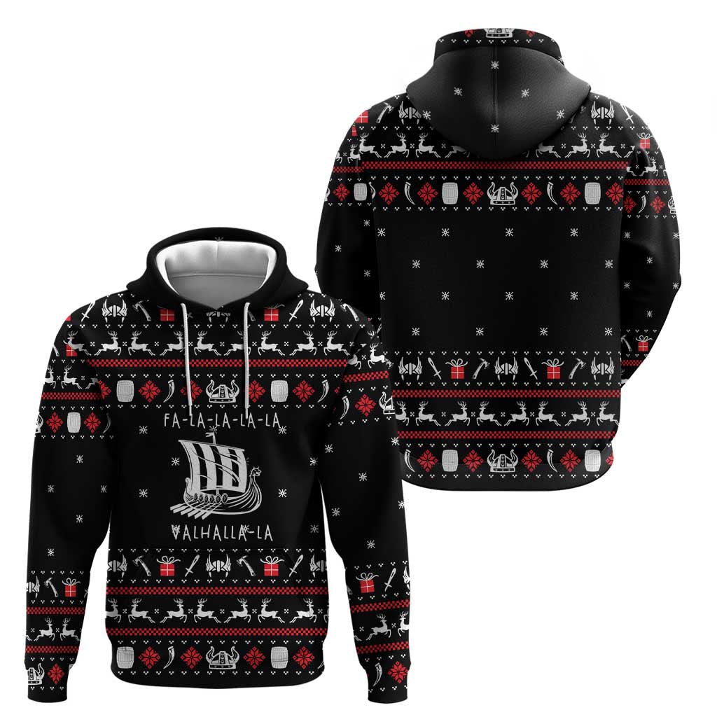 Viking Christmas Hoodie with Fa La La La La Valhalla Quote and Longship Nordic Pattern - Wonder Print Shop