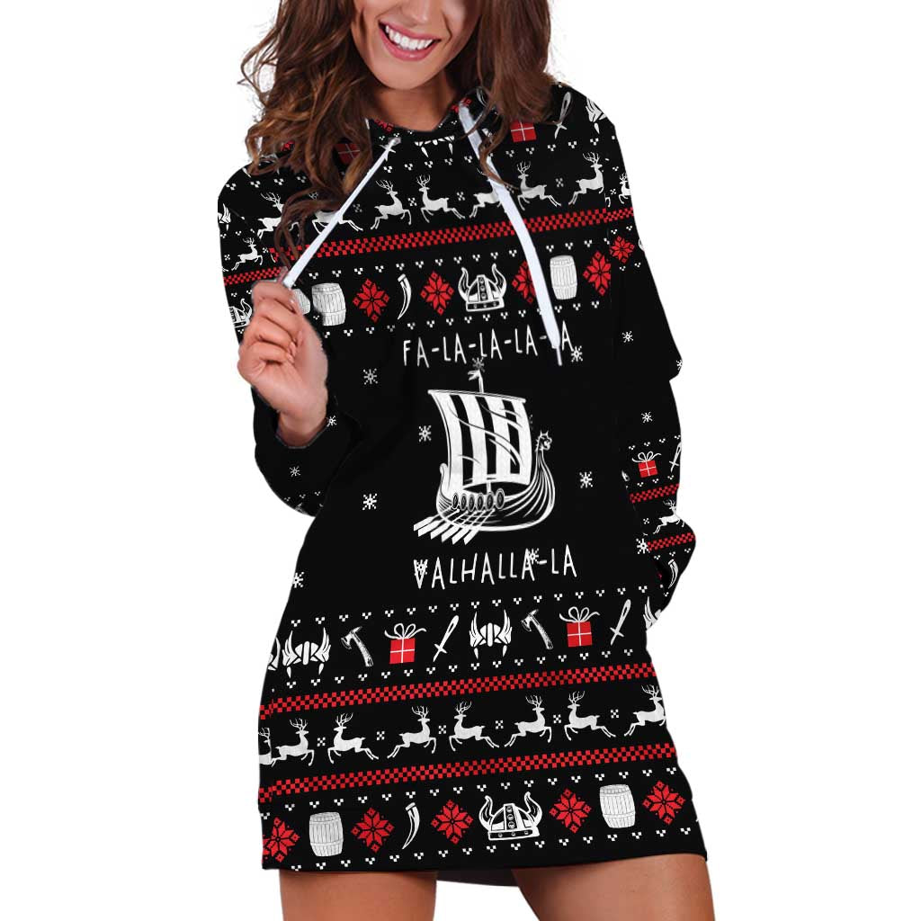 Viking Christmas Hoodie Dress with Fa La La La La Valhalla Quote and Longship Nordic Pattern - Wonder Print Shop
