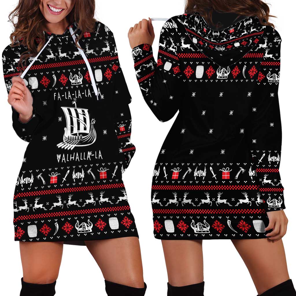 Viking Christmas Hoodie Dress with Fa La La La La Valhalla Quote and Longship Nordic Pattern - Wonder Print Shop