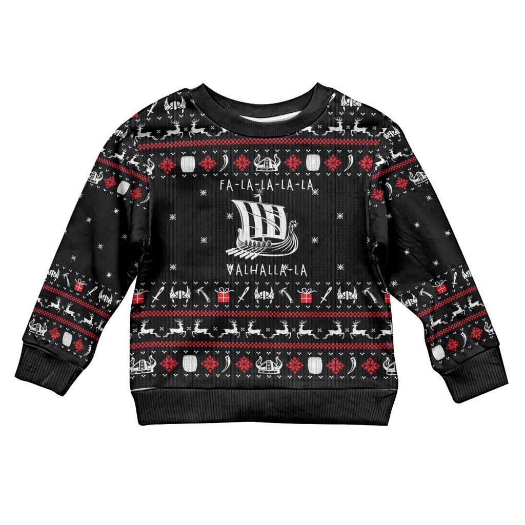 Viking Christmas Kid Ugly Christmas Sweater with Fa La La La La Valhalla Quote and Longship Nordic Pattern - Wonder Print Shop