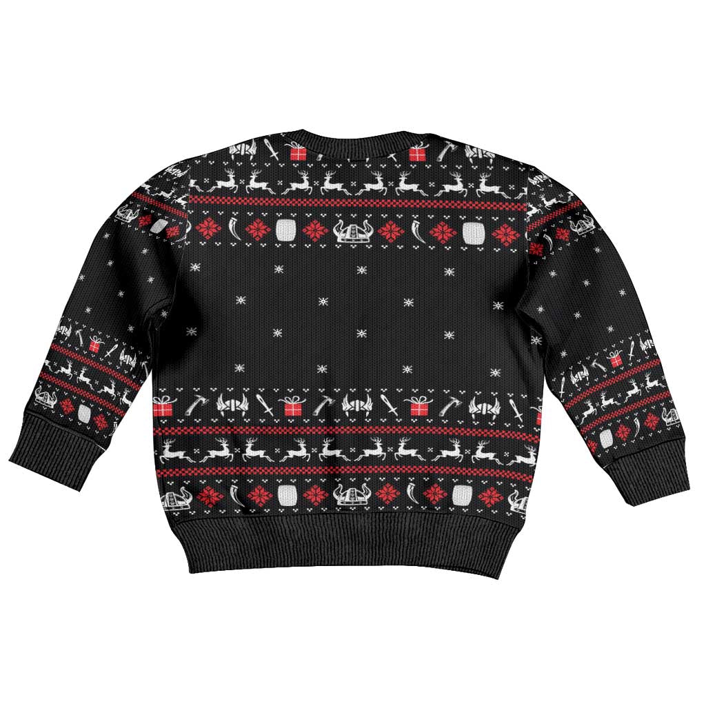 Viking Christmas Kid Ugly Christmas Sweater with Fa La La La La Valhalla Quote and Longship Nordic Pattern - Wonder Print Shop