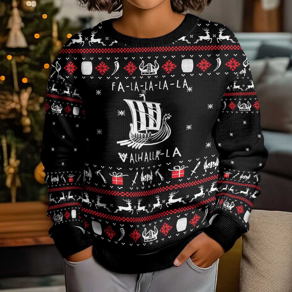 Viking Christmas Kid Ugly Christmas Sweater with Fa La La La La Valhalla Quote and Longship Nordic Pattern - Wonder Print Shop