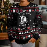 Viking Christmas Kid Ugly Christmas Sweater with Fa La La La La Valhalla Quote and Longship Nordic Pattern - Wonder Print Shop