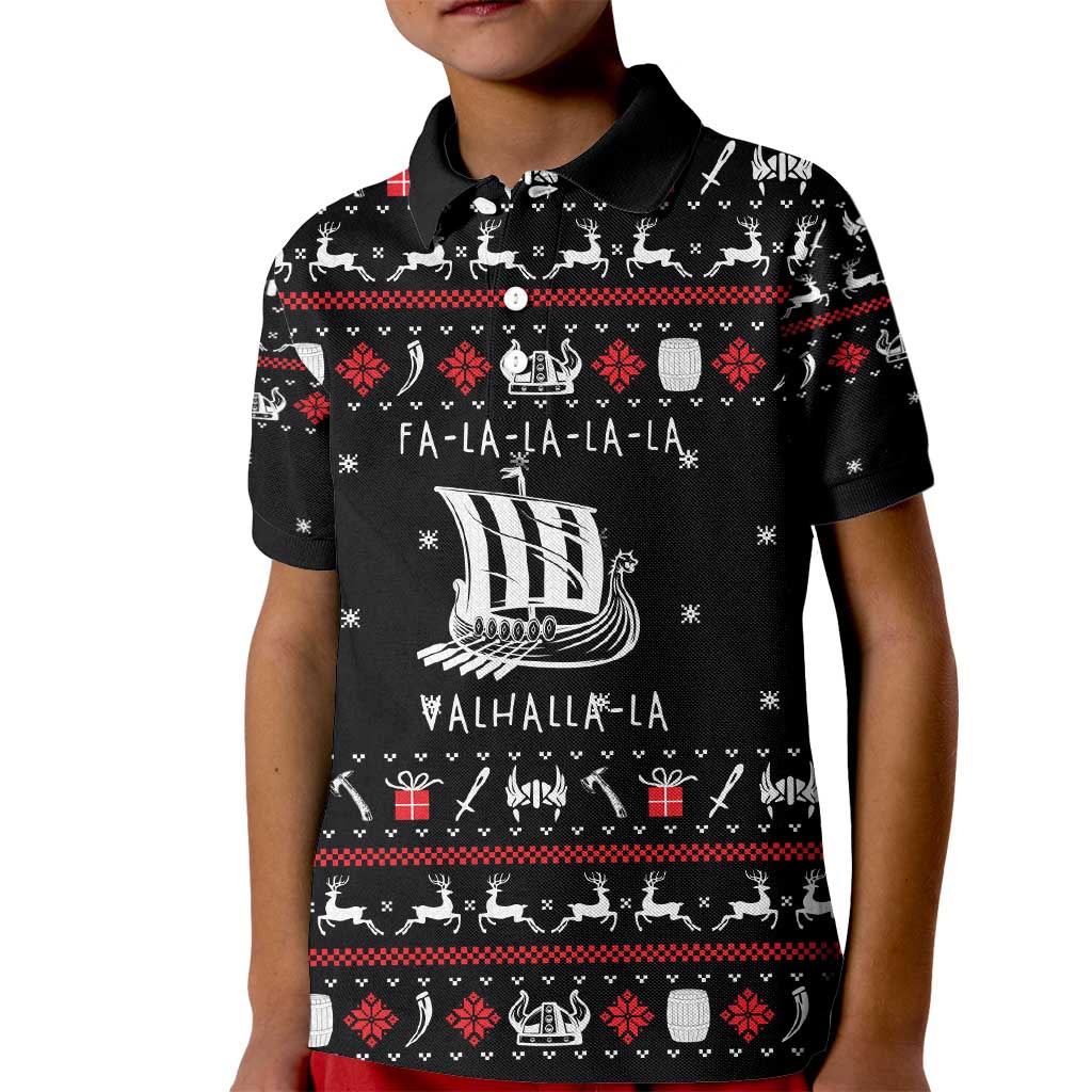 Viking Christmas Kid Polo Shirt with Fa La La La La Valhalla Quote and Longship Nordic Pattern - Wonder Print Shop
