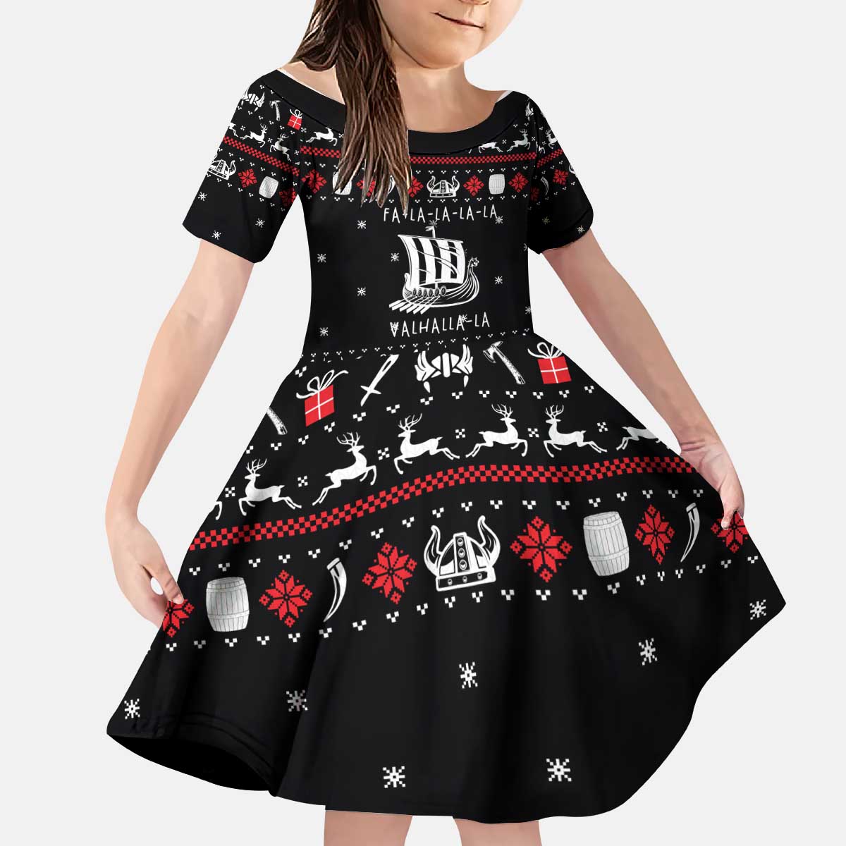 Viking Christmas Kid Short Sleeve Dress with Fa La La La La Valhalla Quote and Longship Nordic Pattern - Wonder Print Shop