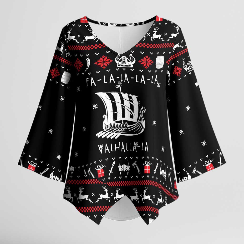 Viking Christmas Kimono Sleeve Blouse with Fa La La La La Valhalla Quote and Longship Nordic Pattern - Wonder Print Shop