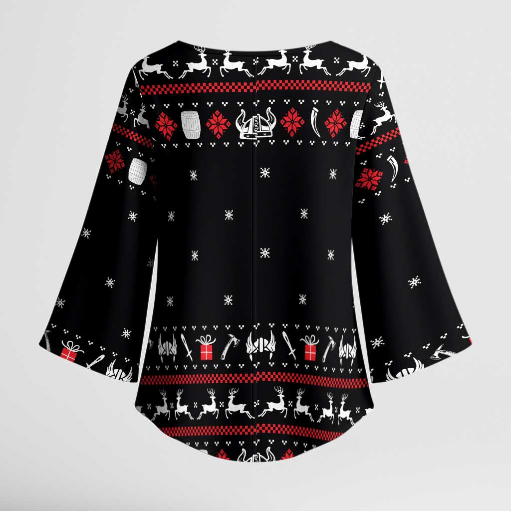 Viking Christmas Kimono Sleeve Blouse with Fa La La La La Valhalla Quote and Longship Nordic Pattern - Wonder Print Shop