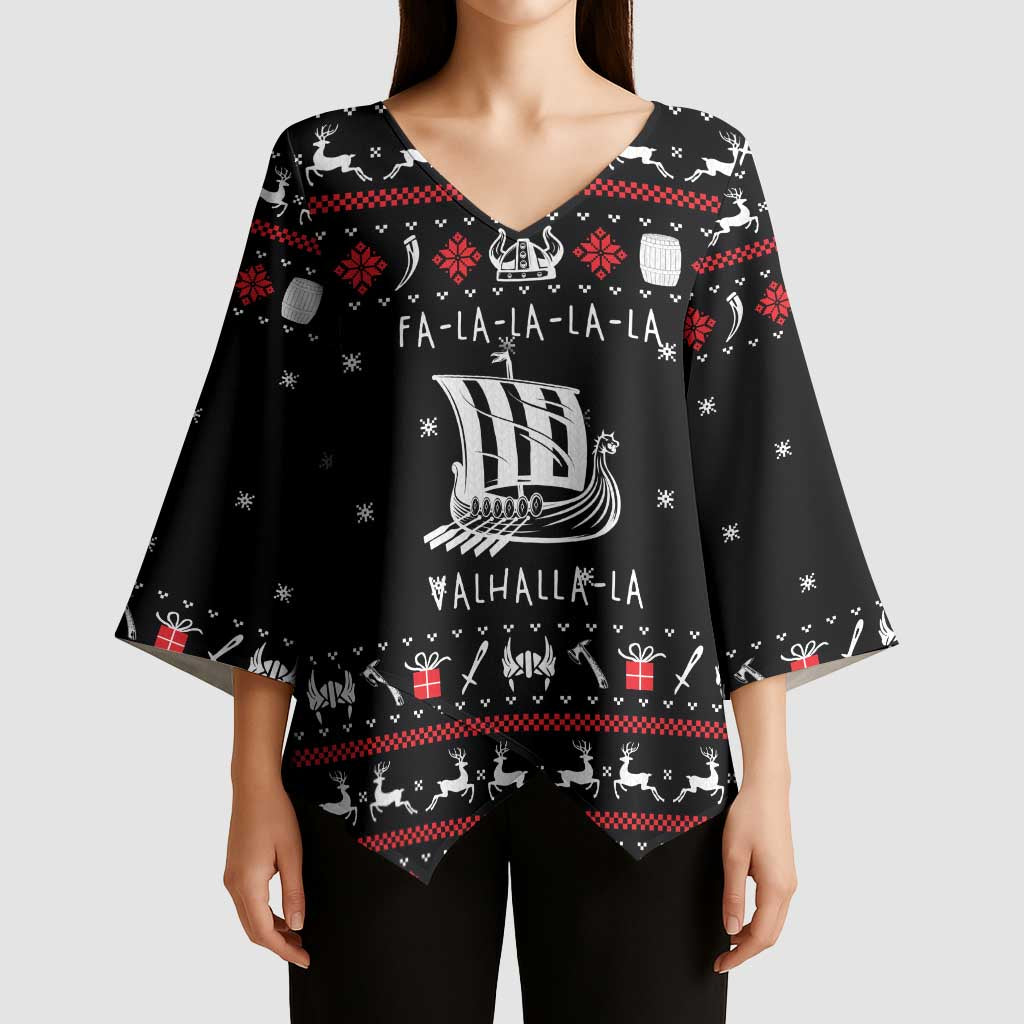 Viking Christmas Kimono Sleeve Blouse with Fa La La La La Valhalla Quote and Longship Nordic Pattern - Wonder Print Shop