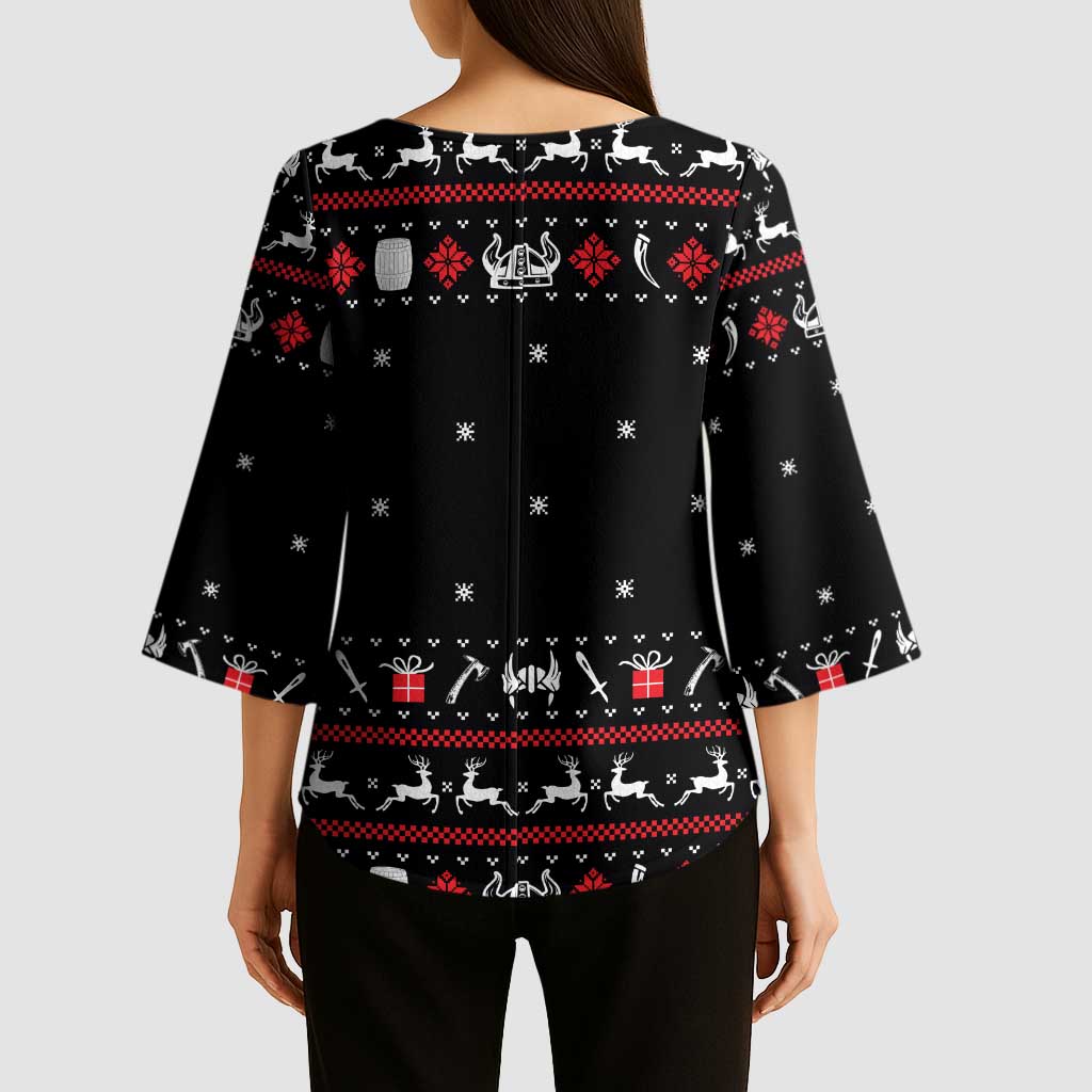 Viking Christmas Kimono Sleeve Blouse with Fa La La La La Valhalla Quote and Longship Nordic Pattern - Wonder Print Shop