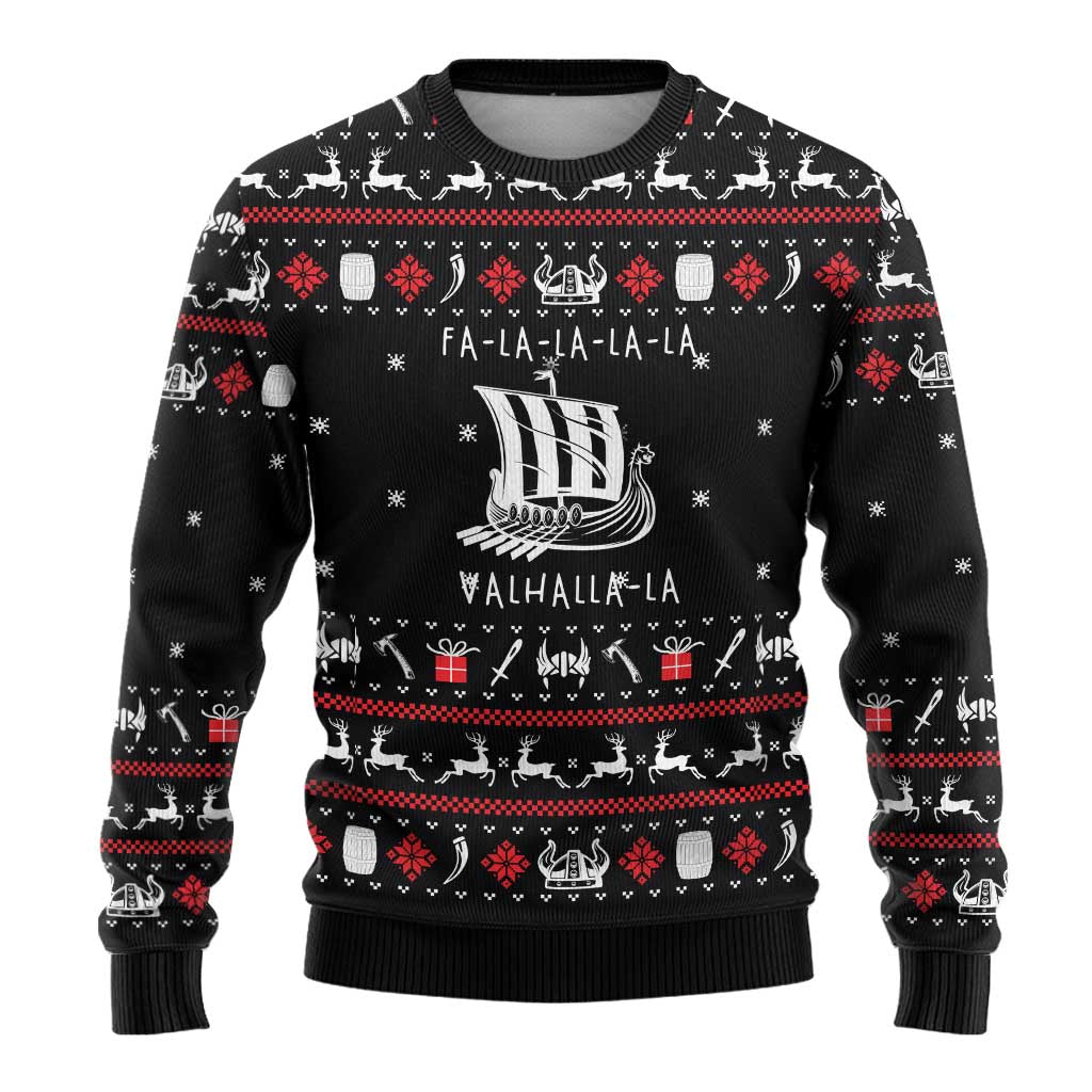 Viking Christmas Ugly Christmas Sweater with Fa La La La La Valhalla Quote and Longship Nordic Pattern - Wonder Print Shop