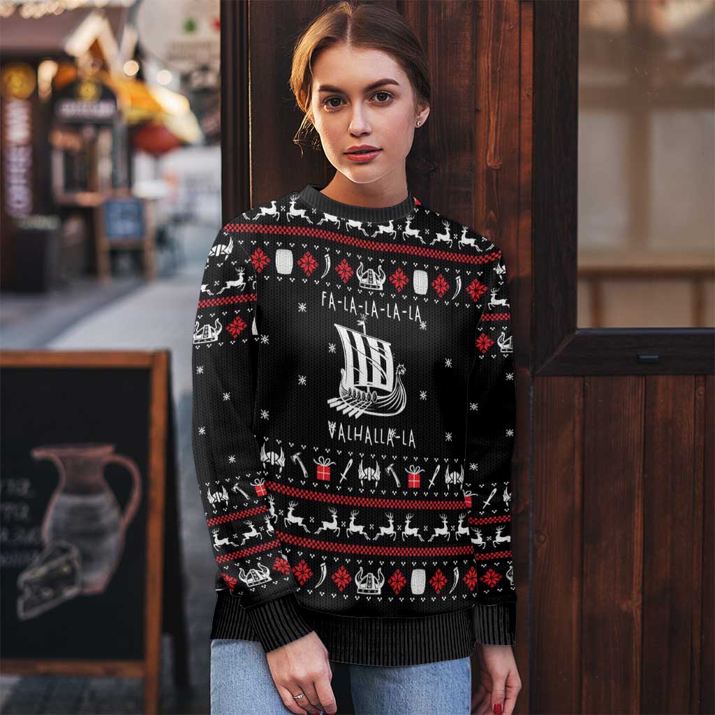 Viking Christmas Ugly Christmas Sweater with Fa La La La La Valhalla Quote and Longship Nordic Pattern - Wonder Print Shop