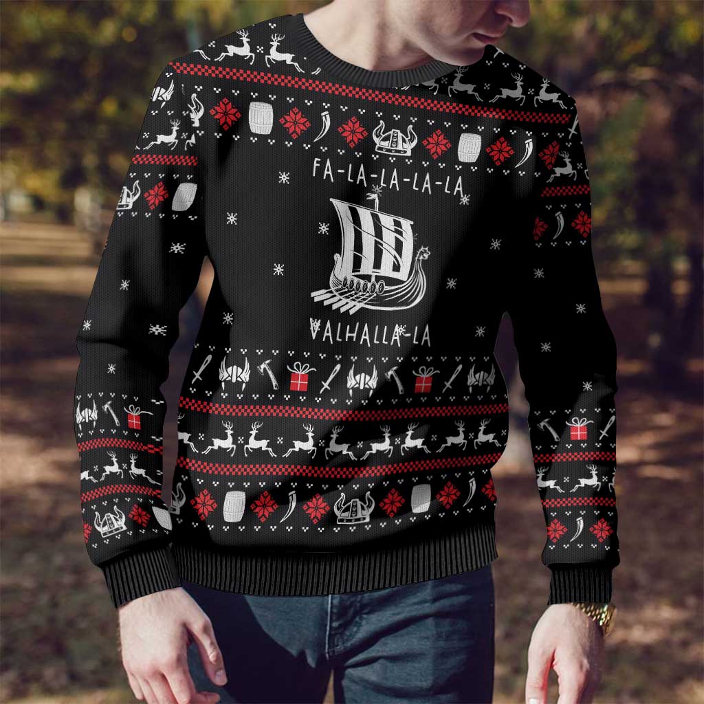 Viking Christmas Ugly Christmas Sweater with Fa La La La La Valhalla Quote and Longship Nordic Pattern - Wonder Print Shop
