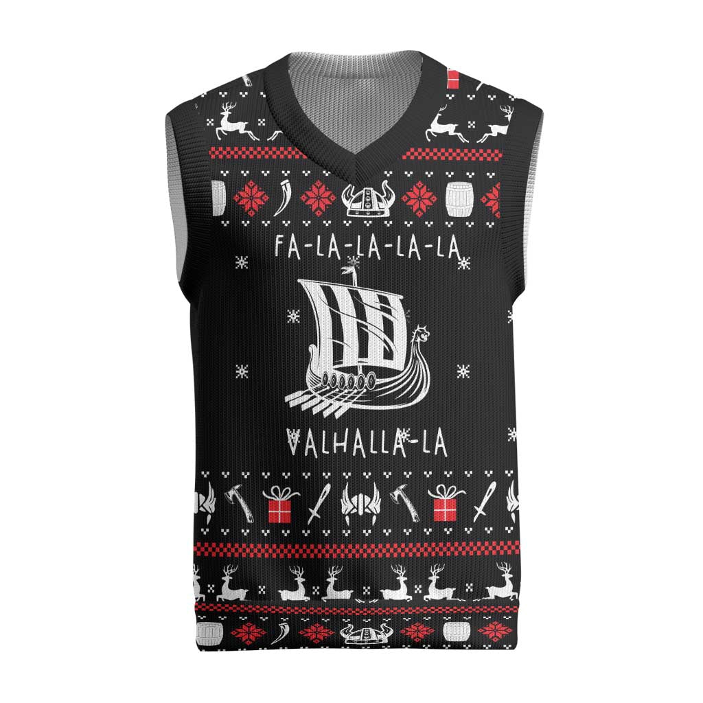 Viking Christmas Knitted V-Neck Vest with Fa La La La La Valhalla Quote and Longship Nordic Pattern - Wonder Print Shop