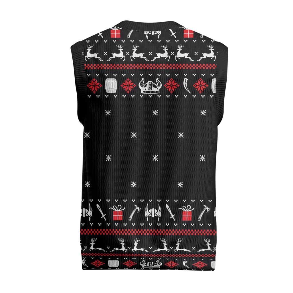 Viking Christmas Knitted V-Neck Vest with Fa La La La La Valhalla Quote and Longship Nordic Pattern - Wonder Print Shop