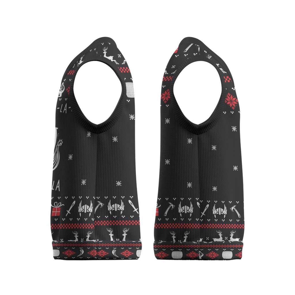 Viking Christmas Knitted V-Neck Vest with Fa La La La La Valhalla Quote and Longship Nordic Pattern - Wonder Print Shop