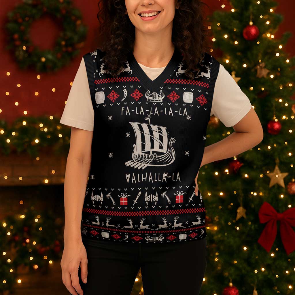 Viking Christmas Knitted V-Neck Vest with Fa La La La La Valhalla Quote and Longship Nordic Pattern - Wonder Print Shop