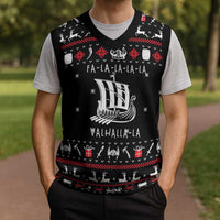 Viking Christmas Knitted V-Neck Vest with Fa La La La La Valhalla Quote and Longship Nordic Pattern - Wonder Print Shop