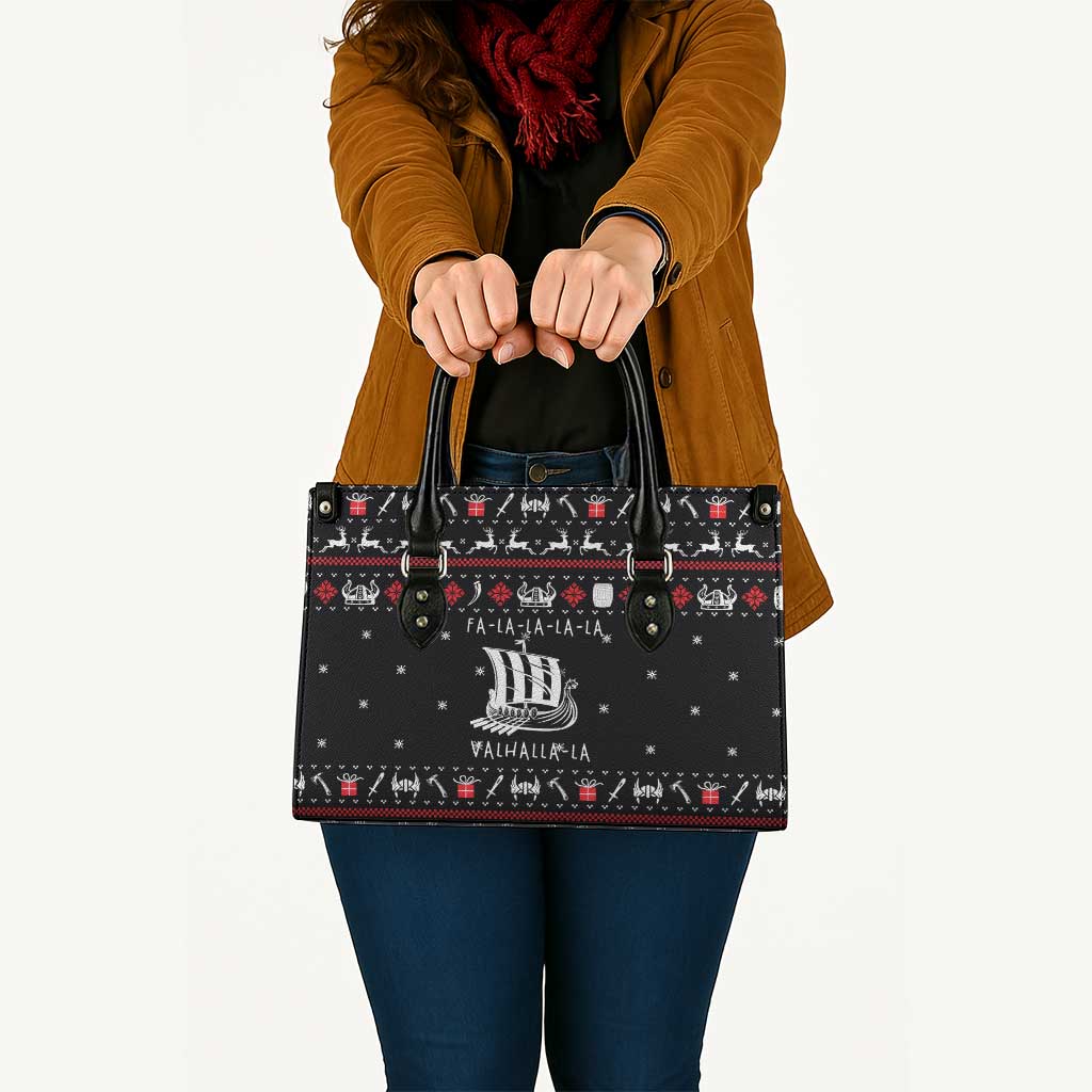Viking Christmas Leather Bag with Fa La La La La Valhalla Quote and Longship Nordic Pattern - Wonder Print Shop
