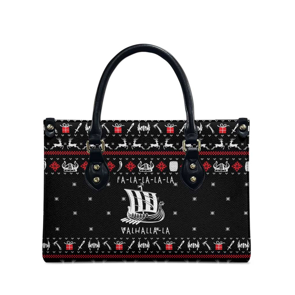 Viking Christmas Leather Bag with Fa La La La La Valhalla Quote and Longship Nordic Pattern - Wonder Print Shop