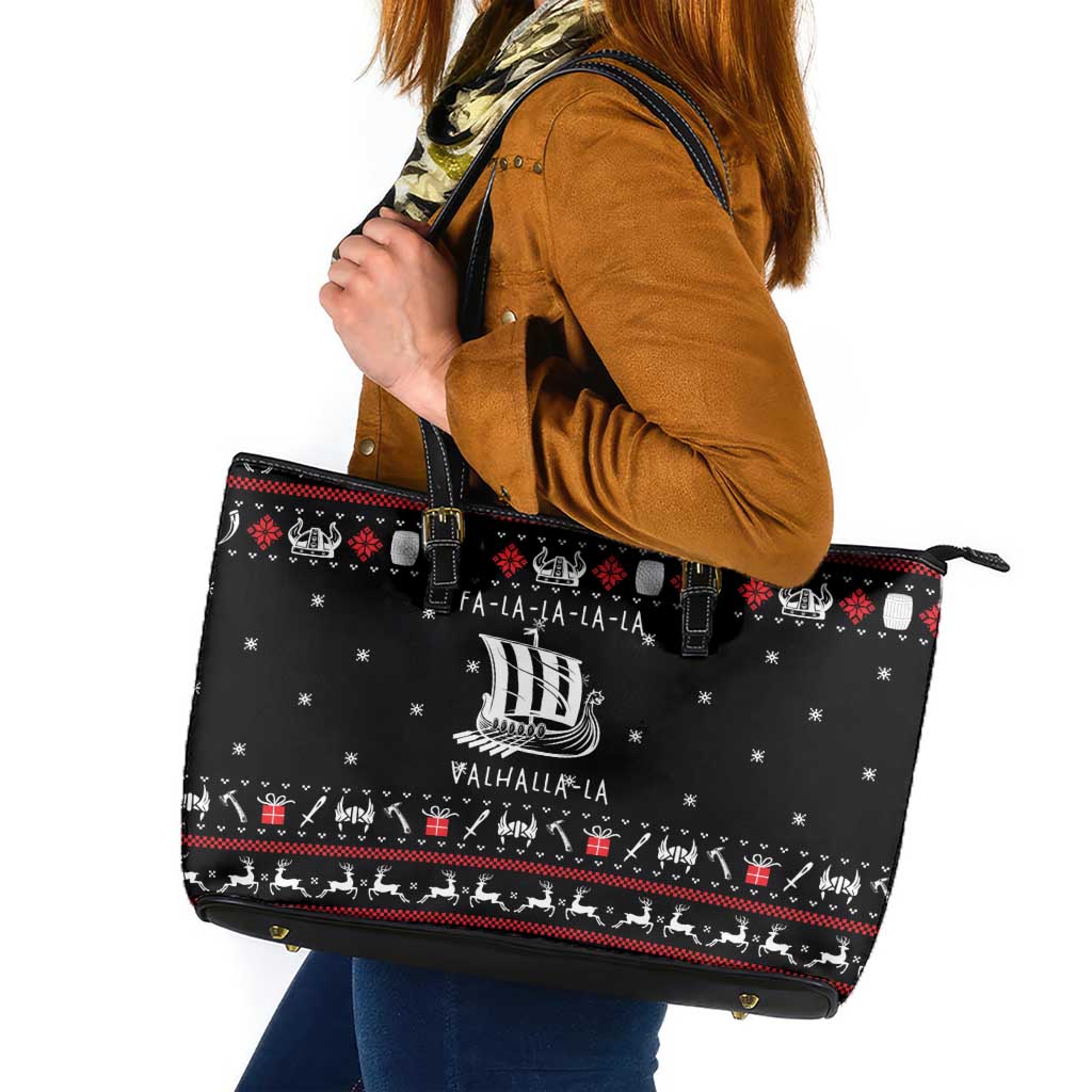 Viking Christmas Leather Tote Bag with Fa La La La La Valhalla Quote and Longship Nordic Pattern - Wonder Print Shop