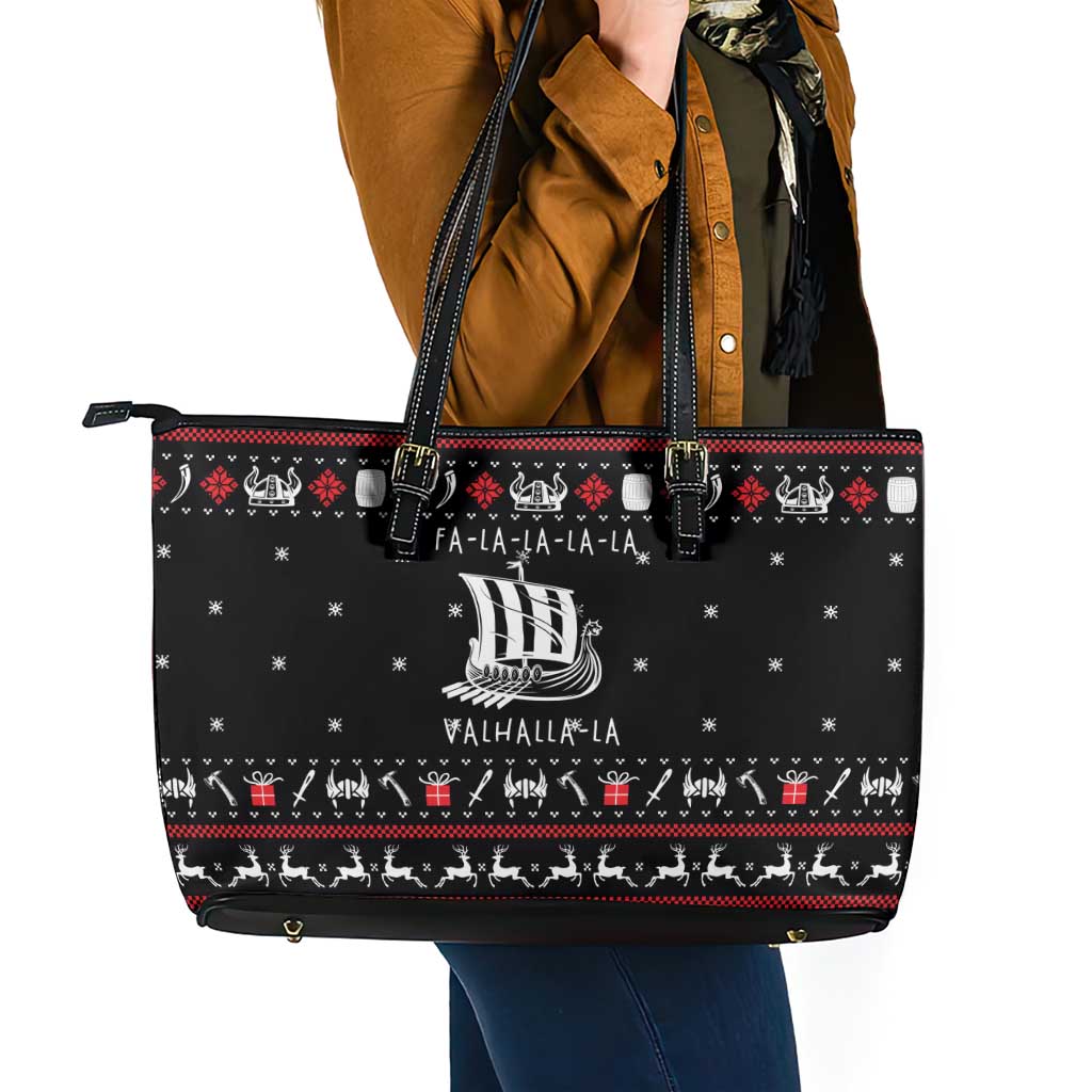 Viking Christmas Leather Tote Bag with Fa La La La La Valhalla Quote and Longship Nordic Pattern - Wonder Print Shop
